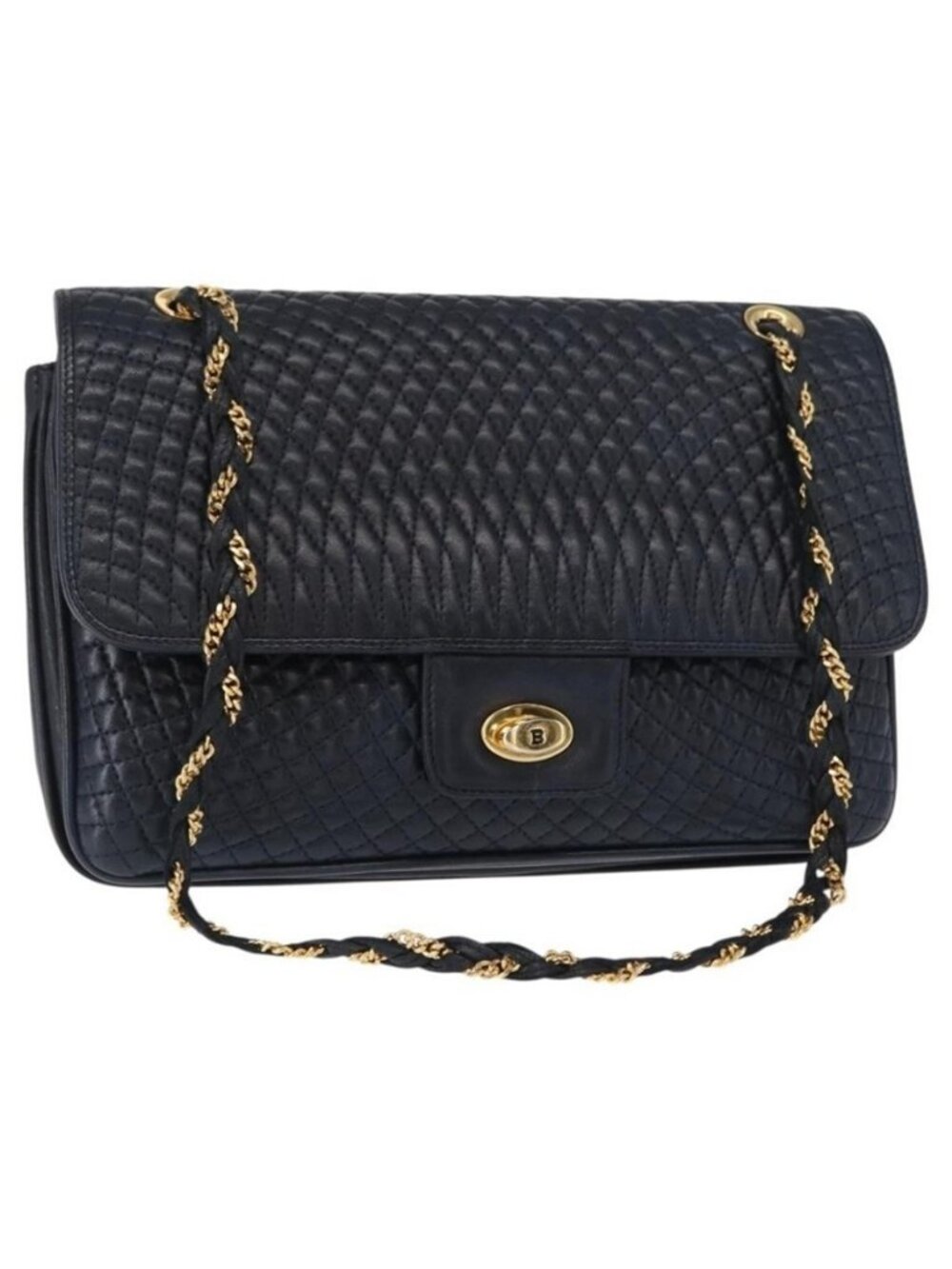 Authentic BALLY Chain Shoulder Bag Leather Navy Gold